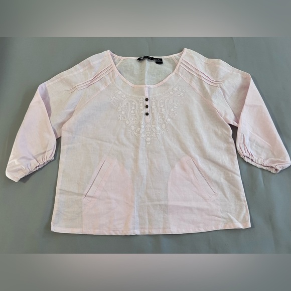 Carole Little 100% Linen Boho 3/4 Sleeves Tunic Top Blouse XL embroidery Pink - Picture 3 of 7